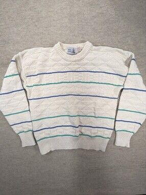 Penn's Landing Made In The USA Cotton White  Blue Teal Textured Knit Sweater L